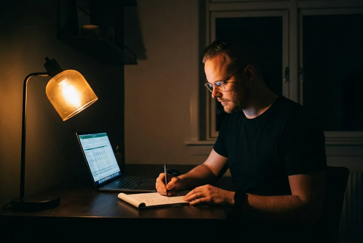 Morten regner på pris ved skrivebordet