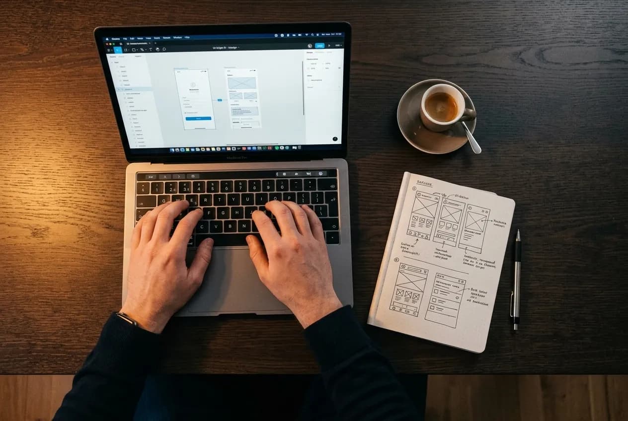 Wireframes og kode på en mørk desk
