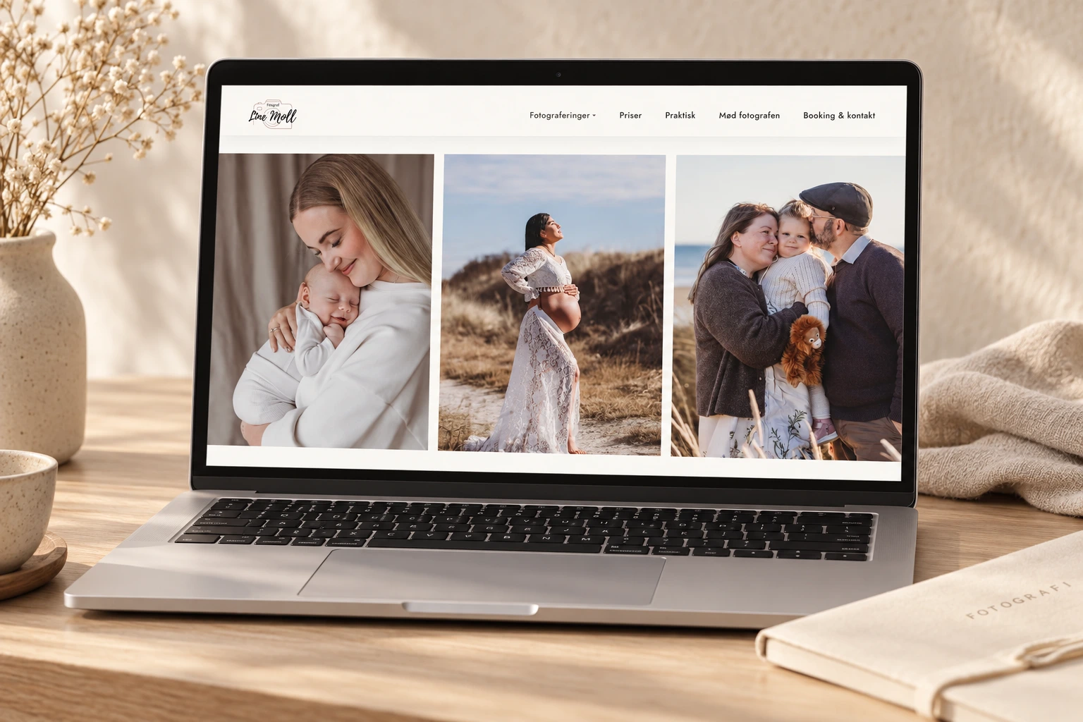 Forsiden på Fotograf Line Mølls hjemmeside med store fotografier, cremefarvet baggrund og enkel navigation