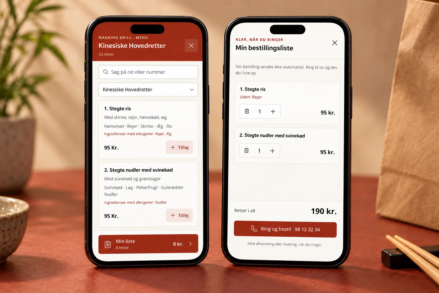 Nankings mobilmenu og bestillingsliste vist på to telefoner, med tilpassede retter og samlet pris